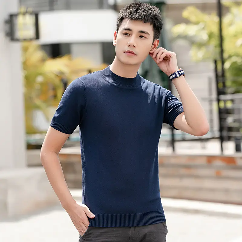 Men's White Thin Half-Turtleneck Knit Sweater