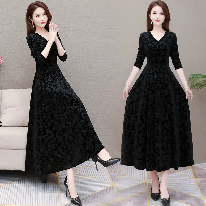 Gold Velvet Collar Long Dress for Women Autumn Winter - Image 7