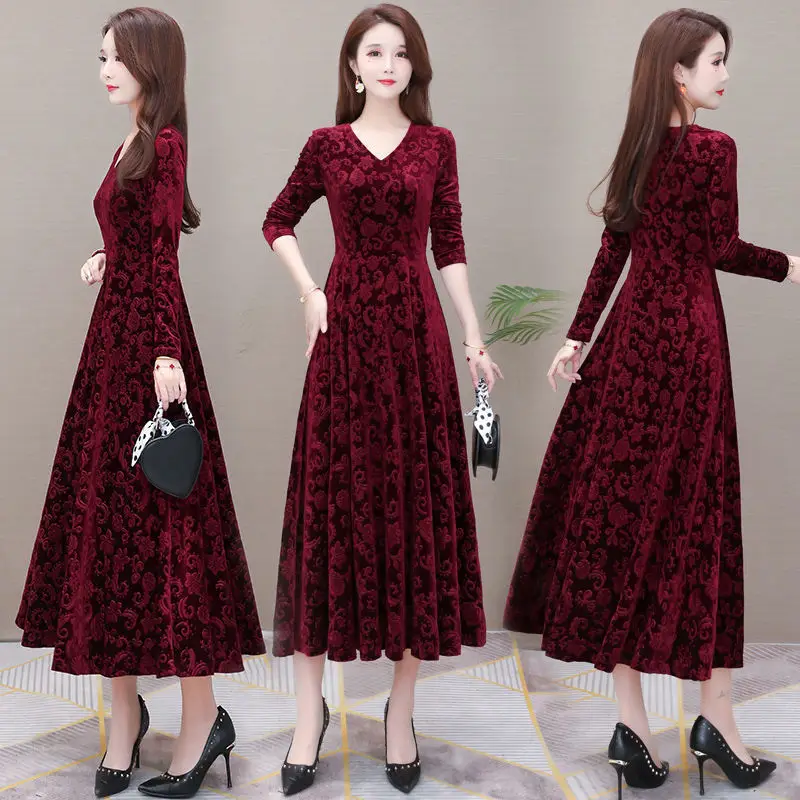 Gold Velvet Collar Long Dress for Women Autumn Winter - Image 8