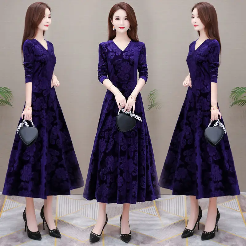 Gold Velvet Collar Long Dress for Women Autumn Winter - Image 9