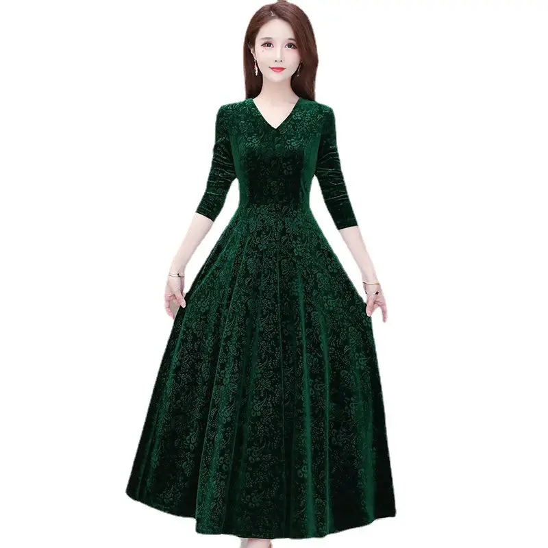 Gold Velvet Collar Long Dress for Women Autumn Winter - Image 10