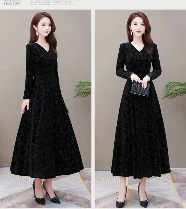 Gold Velvet Collar Long Dress for Women Autumn Winter — feature 10