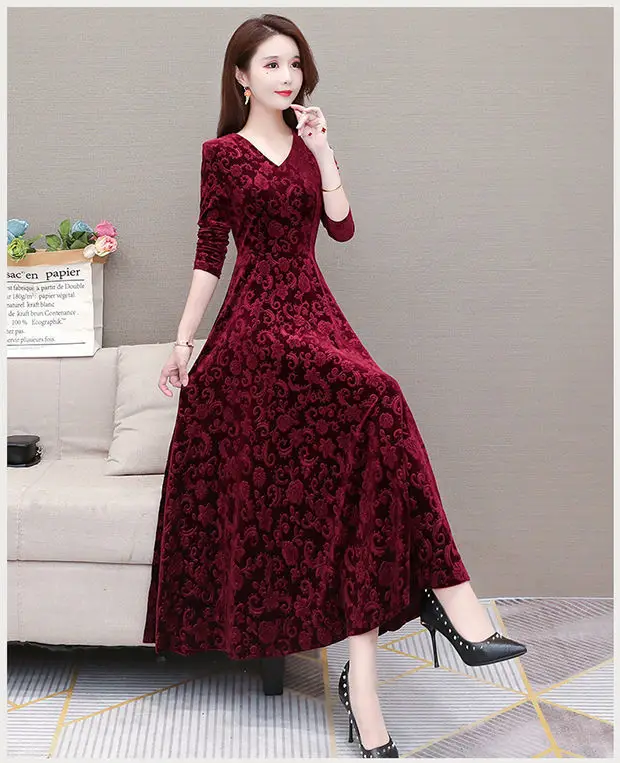 Gold Velvet Collar Long Dress for Women Autumn Winter — feature 11