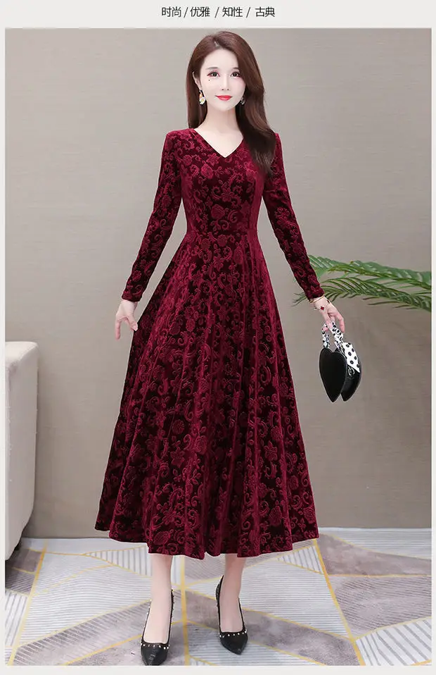 Gold Velvet Collar Long Dress for Women Autumn Winter — feature 12