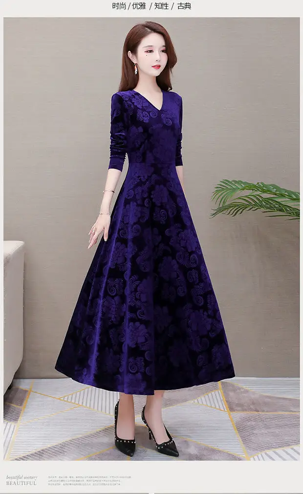 Gold Velvet Collar Long Dress for Women Autumn Winter — feature 13