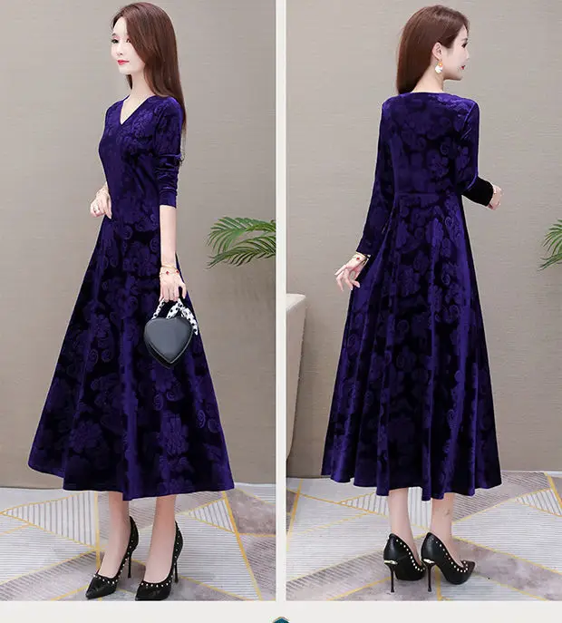 Gold Velvet Collar Long Dress for Women Autumn Winter — feature 14