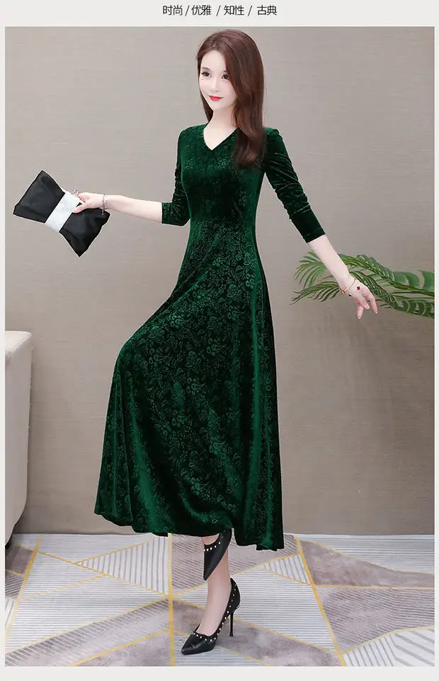 Gold Velvet Collar Long Dress for Women Autumn Winter — feature 5