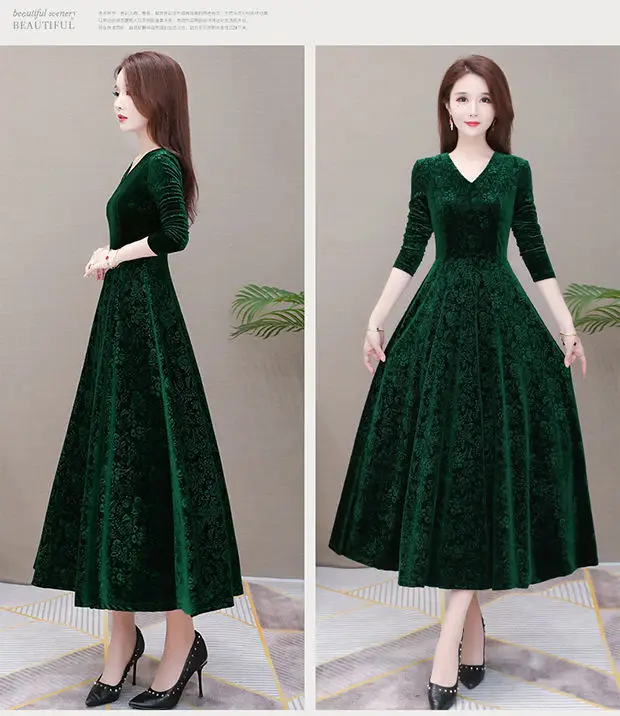 Gold Velvet Collar Long Dress for Women Autumn Winter — feature 6