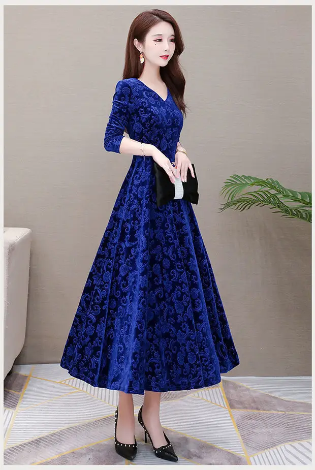 Gold Velvet Collar Long Dress for Women Autumn Winter — feature 7