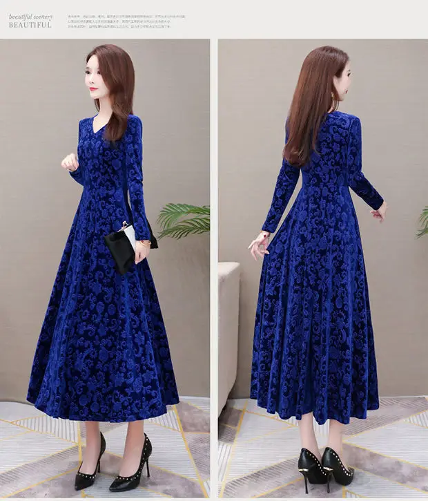 Gold Velvet Collar Long Dress for Women Autumn Winter — feature 8