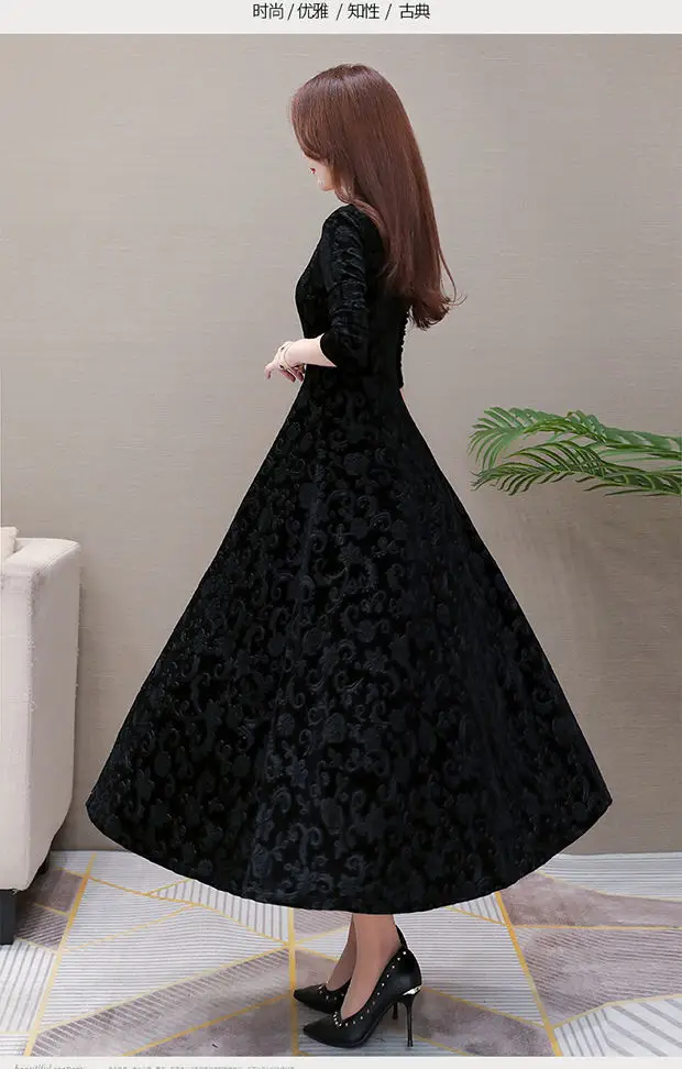 Gold Velvet Collar Long Dress for Women Autumn Winter — feature 9
