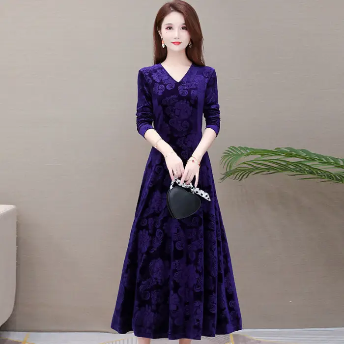 Gold Velvet Collar Long Dress for Women Autumn Winter - Image 2