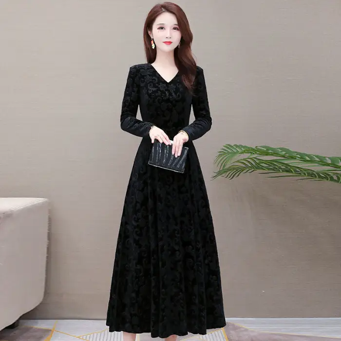 Gold Velvet Collar Long Dress for Women Autumn Winter - Image 3