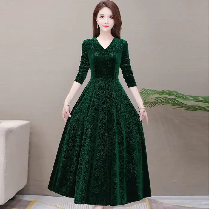 Gold Velvet Collar Long Dress for Women Autumn Winter - Image 4