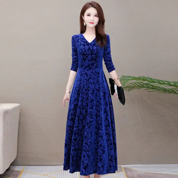 Gold Velvet Collar Long Dress for Women Autumn Winter - Image 5
