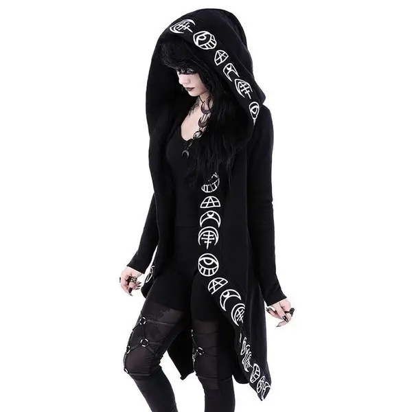 Women Punk Black Long Sleeve Cardigan Sweater Moon Print - Image 5