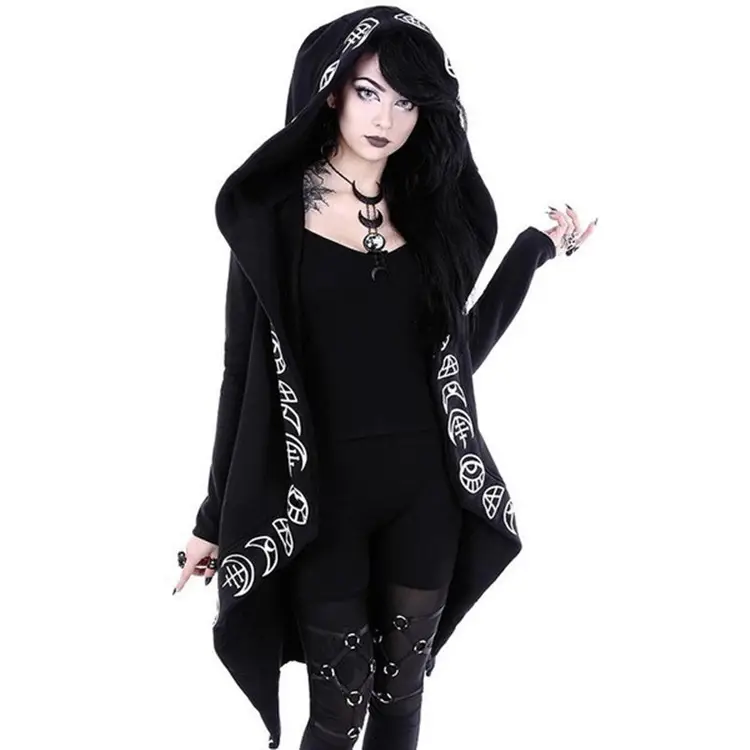 Women Punk Black Long Sleeve Cardigan Sweater Moon Print - Image 6
