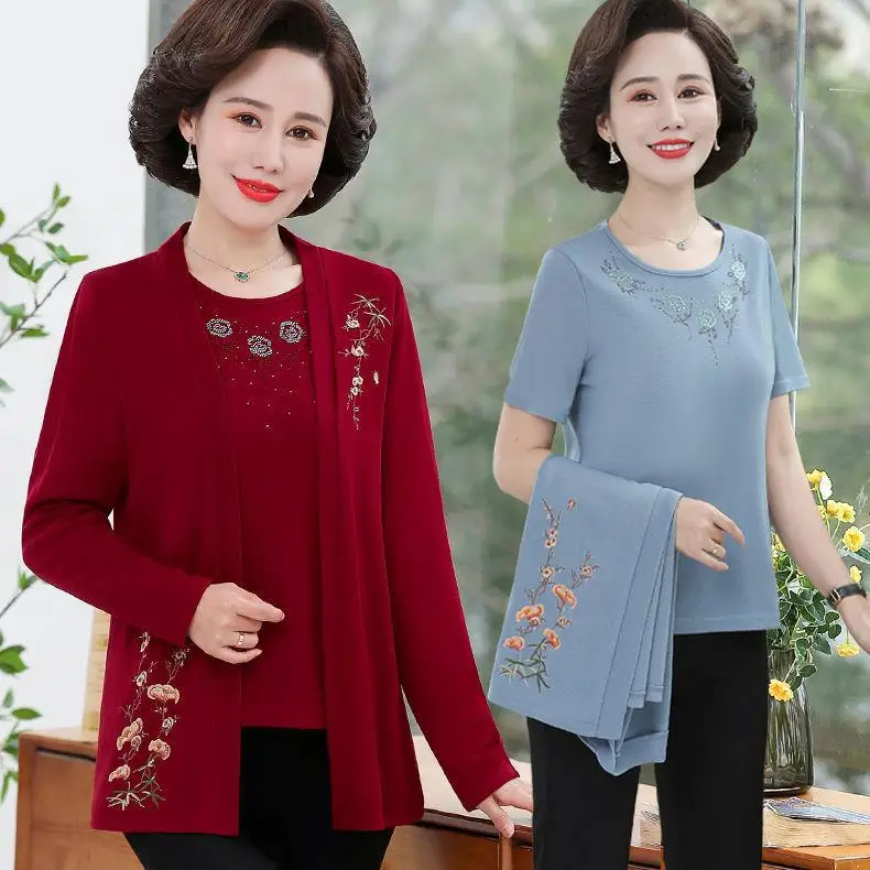 Middle-aged Women Knitted Red Sweater Set Extra Large - Image 5