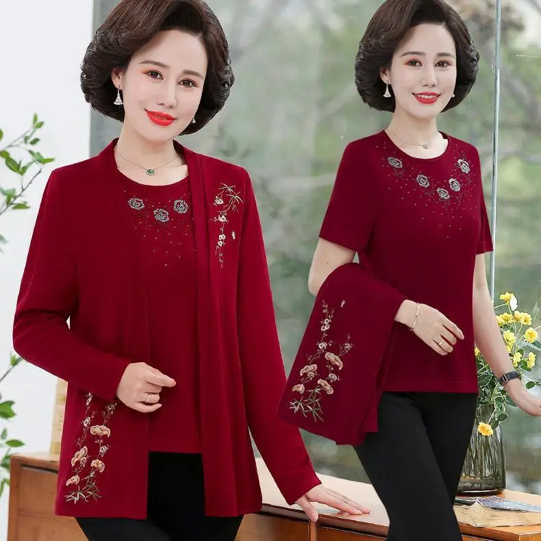 Middle-aged Women Knitted Red Sweater Set Extra Large - Image 2