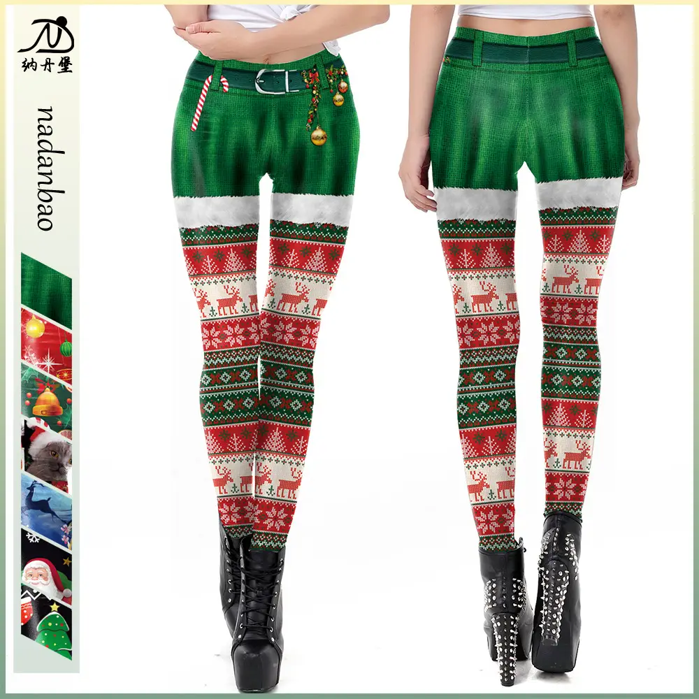 Women's Christmas Snowman Leggings Green Red Print - Image 7