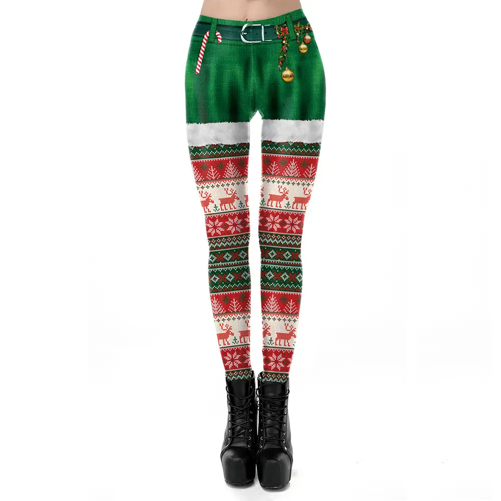 Women's Christmas Snowman Leggings Green Red Print - Image 9