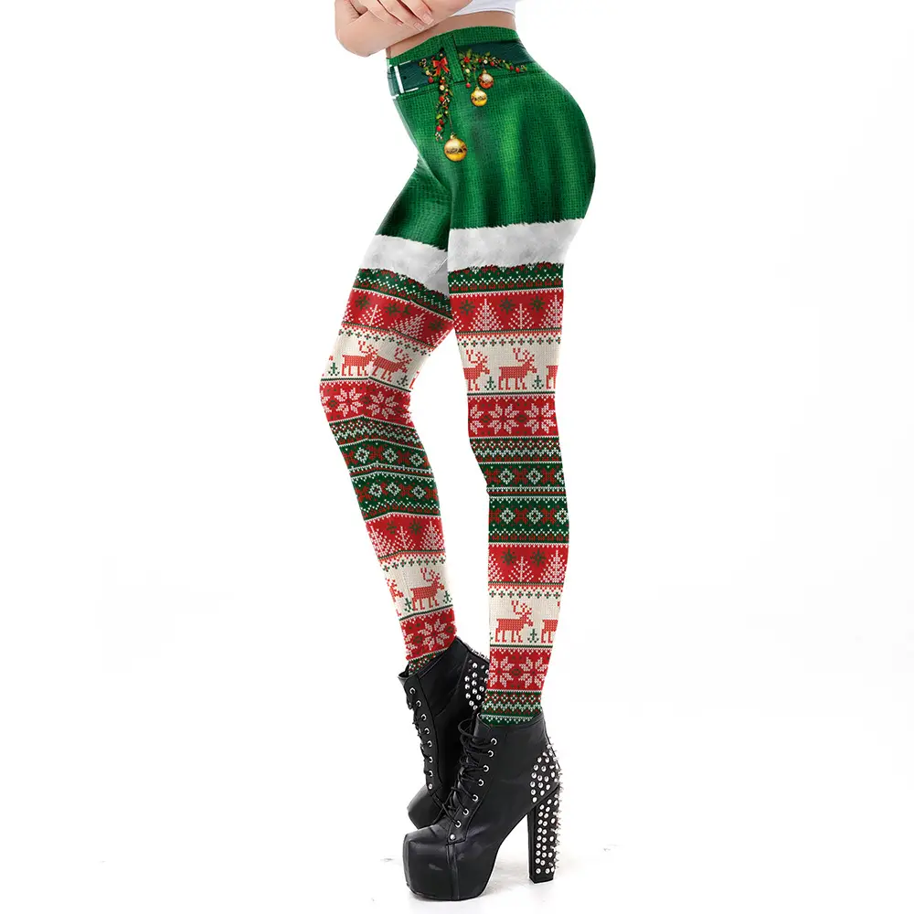 Women's Christmas Snowman Leggings Green Red Print - Image 10