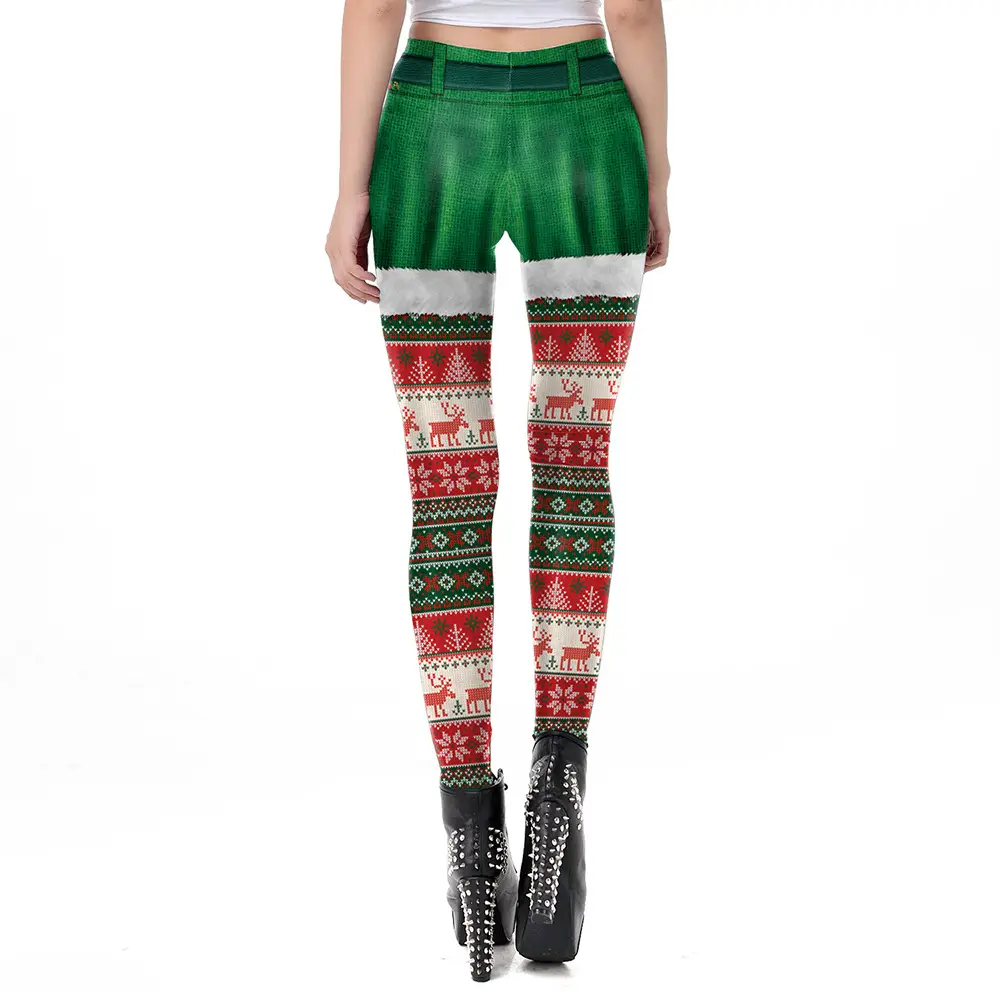 Women's Christmas Snowman Leggings Green Red Print - Image 11