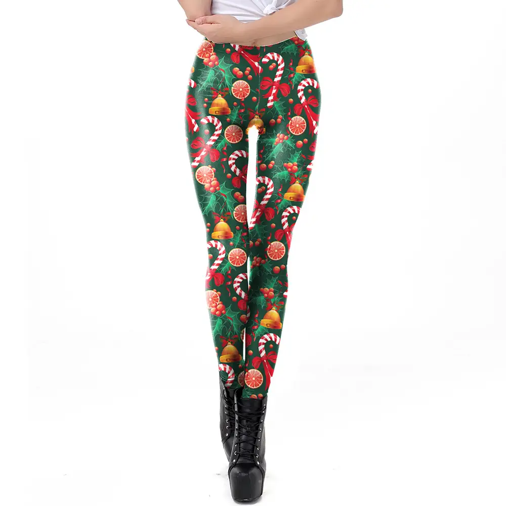 Women's Christmas Snowman Leggings Green Red Print - Image 2