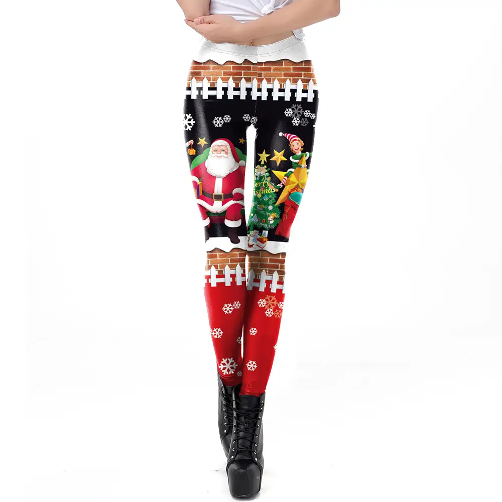 Women's Christmas Snowman Leggings Green Red Print - Image 4