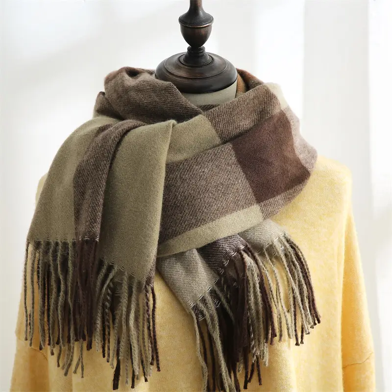 Women's Korean Sweet Cashmere Shawl Brown Green Fringed 2025 - Image 6