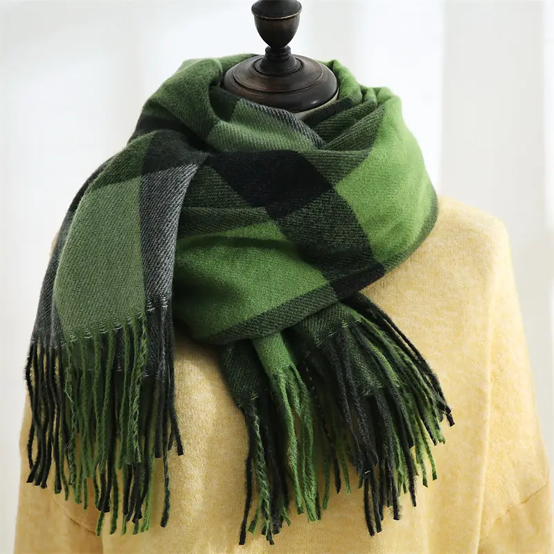 Women's Korean Sweet Cashmere Shawl Brown Green Fringed 2025 - Image 9