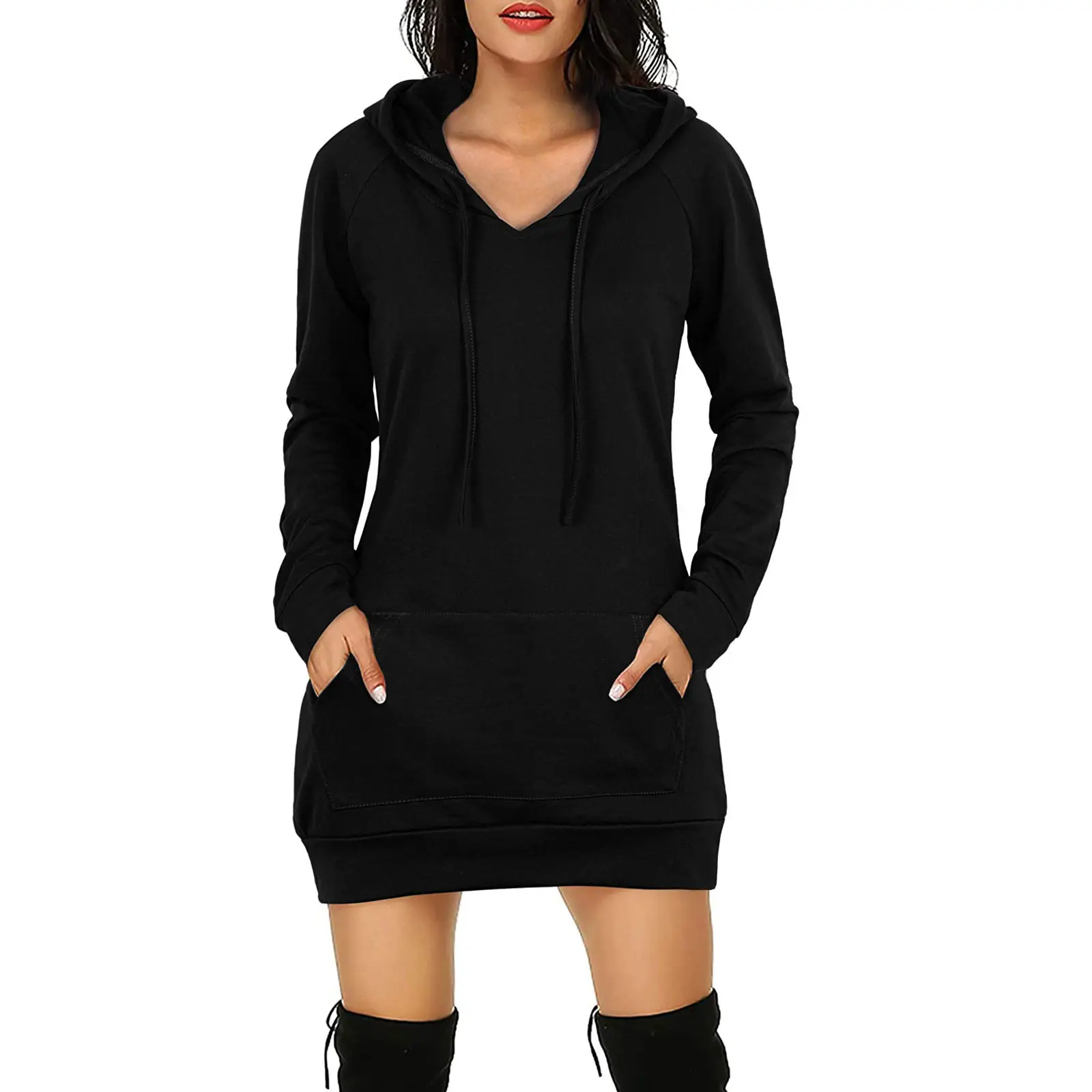 Women's Maroon Long Hooded Sweatshirt Dress with Front Pocket - Image 3