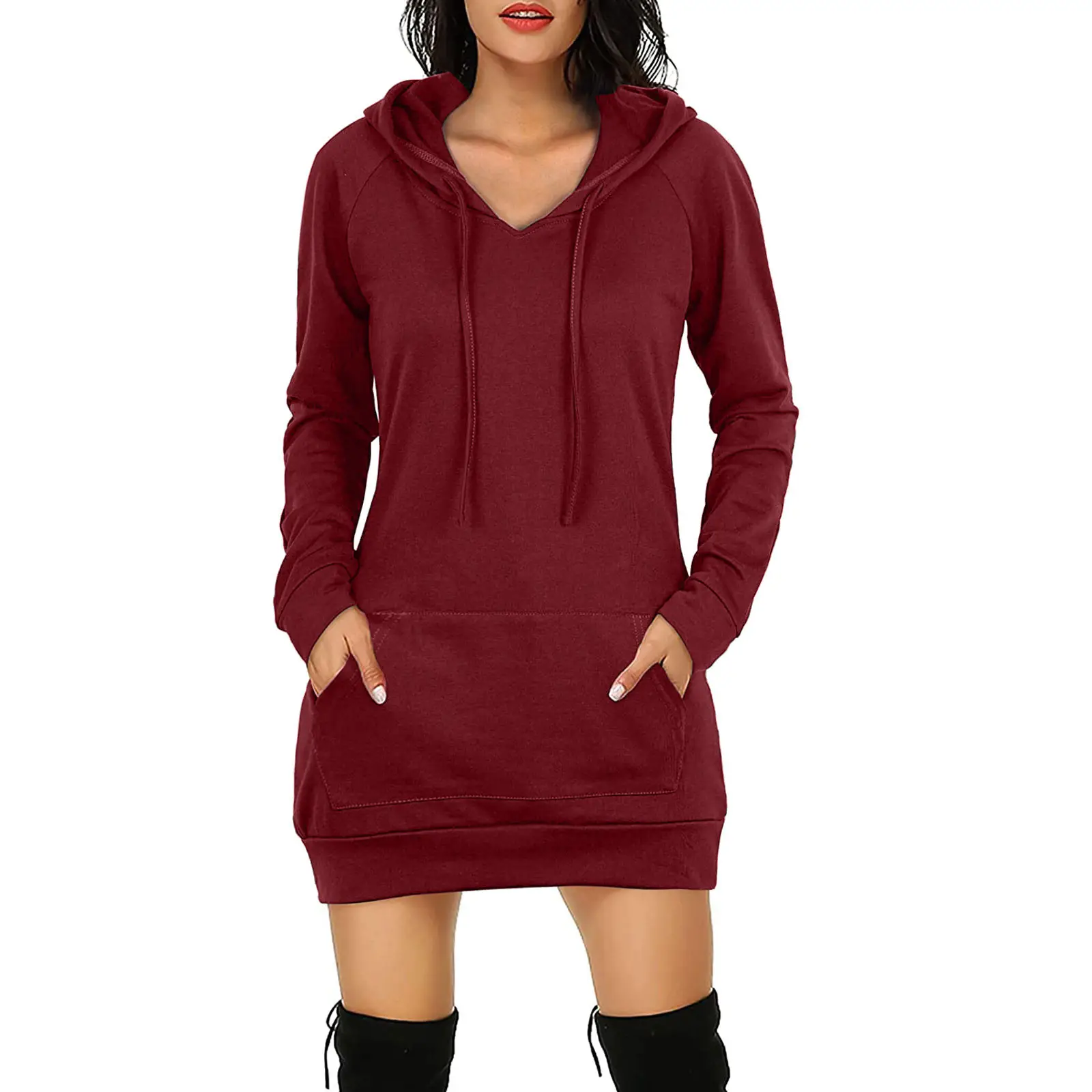 Women's Maroon Long Hooded Sweatshirt Dress with Front Pocket - Image 6