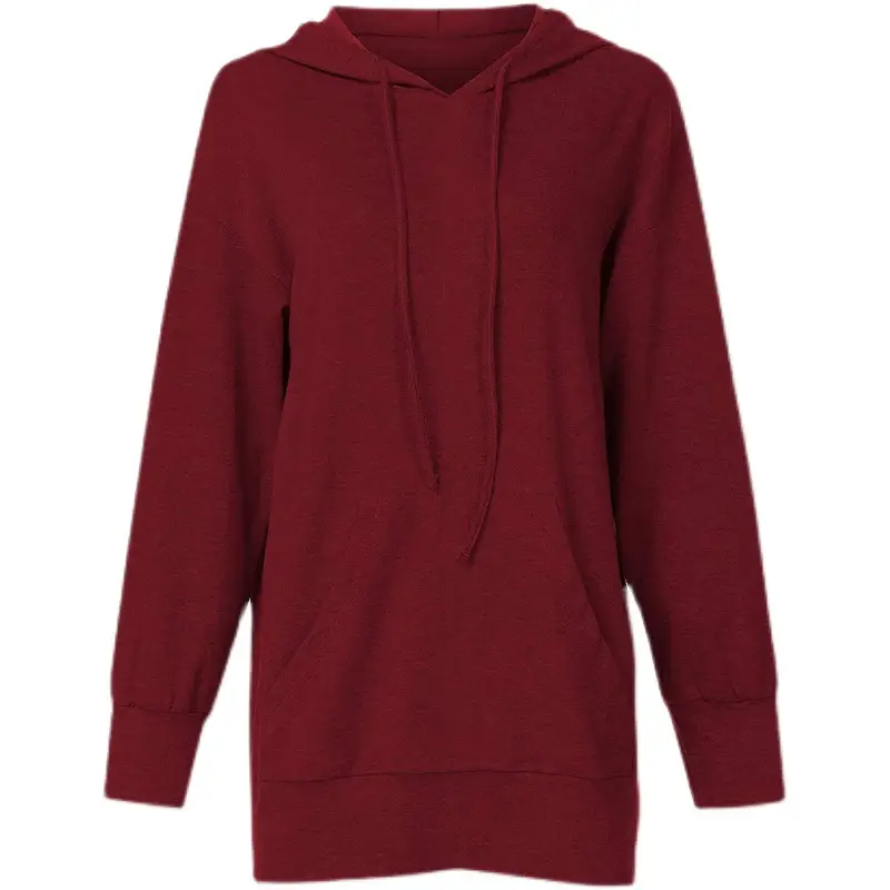 Women's Maroon Long Hooded Sweatshirt Dress with Front Pocket - Image 7