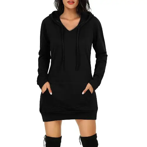 Women's Maroon Long Hooded Sweatshirt Dress with Front Pocket - Image 2