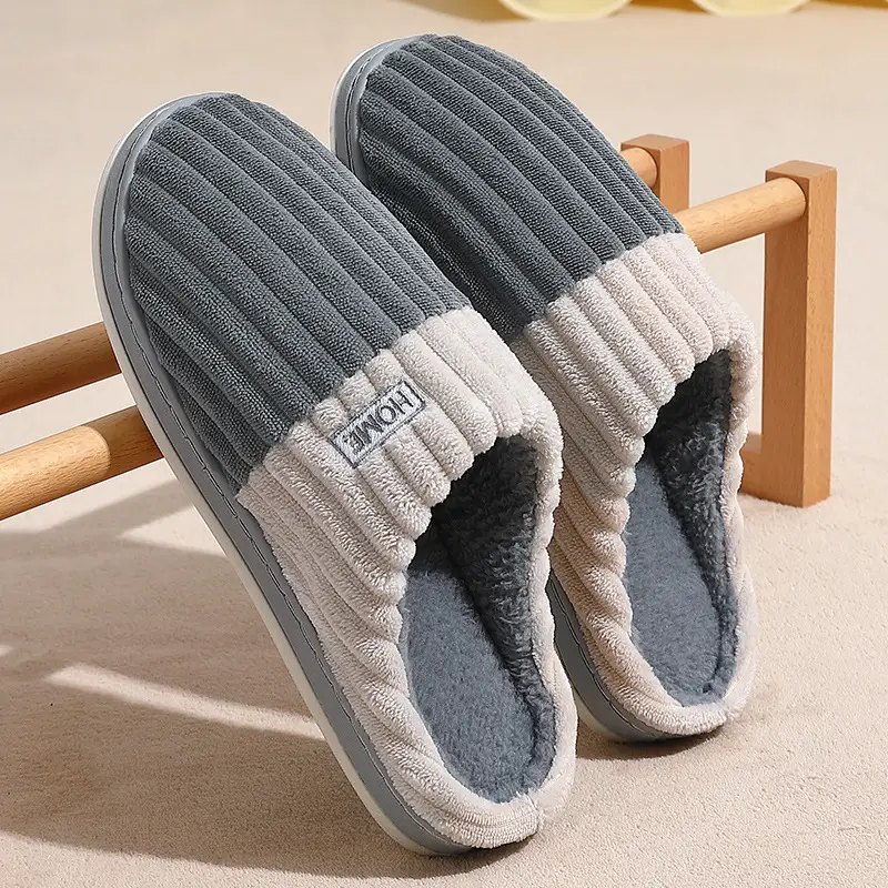 Wholesale Home Cotton Slippers for Men and Women, Winter Indoor Non-Slip Couple's Simple Striped Plush Warm Cotton Slippers for Winter - Image 8