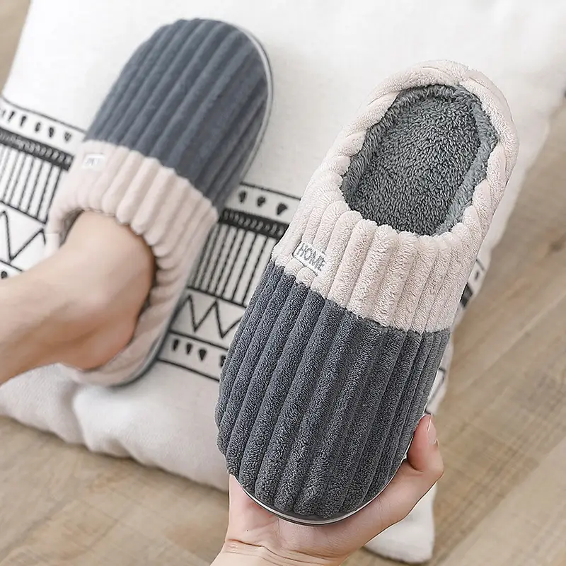 Wholesale Home Cotton Slippers for Men and Women, Winter Indoor Non-Slip Couple's Simple Striped Plush Warm Cotton Slippers for Winter - Image 10