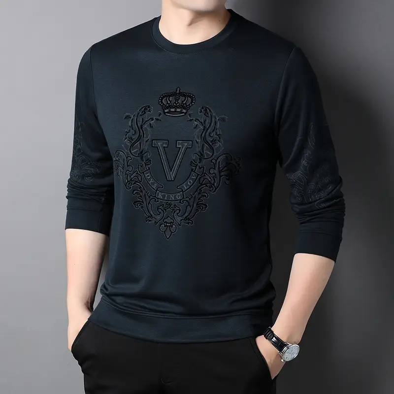 Men's 2024 T-Shirt Dark Blue Round Neck Long Sleeve - Image 2