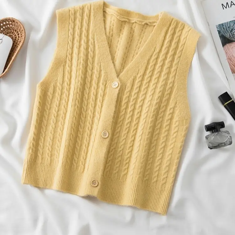 Women's V-Neck Twist Knitted Vest Beige - Image 7