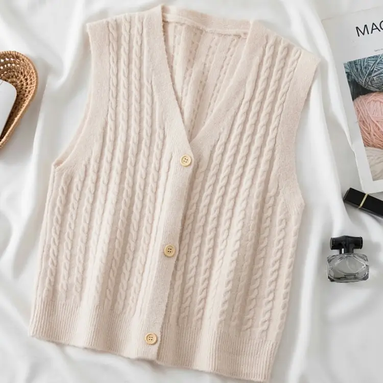 Women's V-Neck Twist Knitted Vest Beige - Image 8