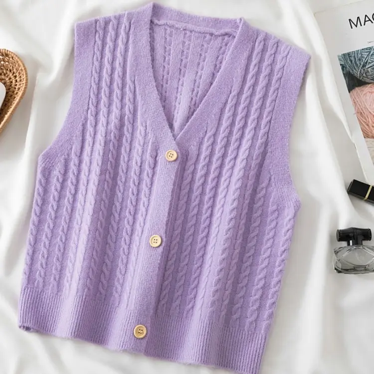 Women's V-Neck Twist Knitted Vest Beige - Image 9