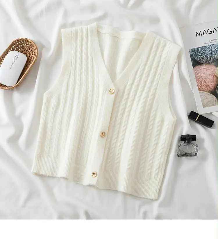 Women's V-Neck Twist Knitted Vest Beige — feature 26