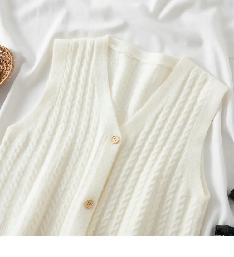Women's V-Neck Twist Knitted Vest Beige — feature 27