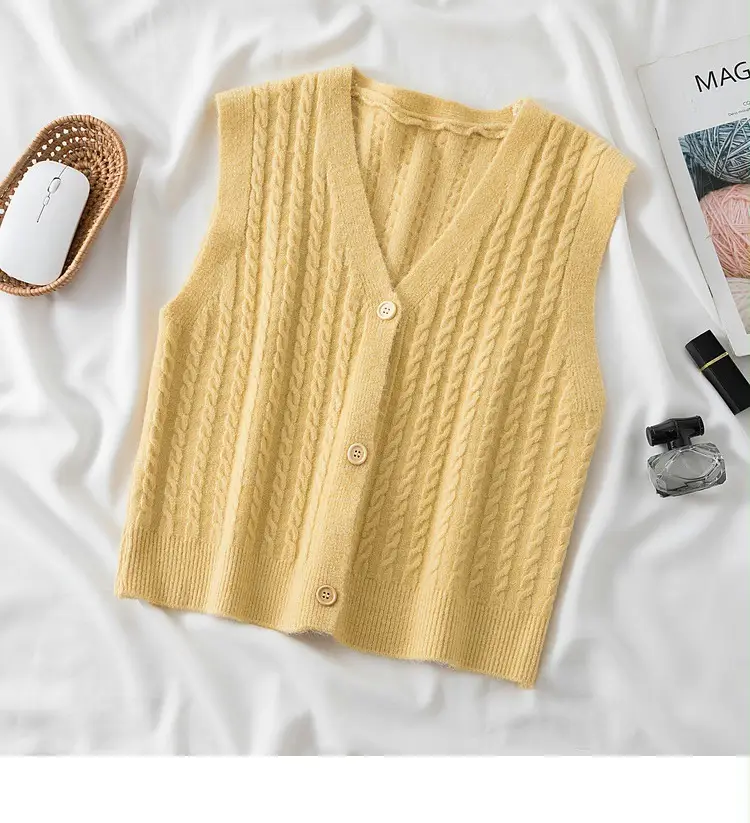 Women's V-Neck Twist Knitted Vest Beige — feature 29