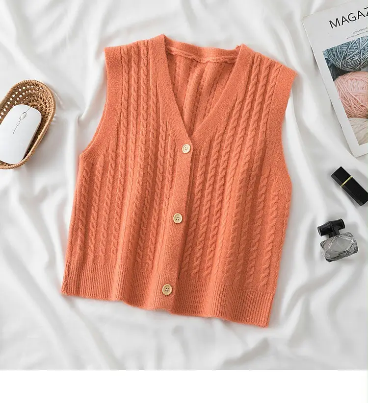 Women's V-Neck Twist Knitted Vest Beige — feature 32