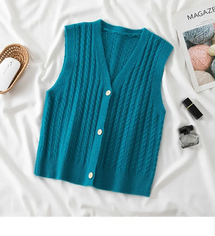 Women's V-Neck Twist Knitted Vest Beige — feature 35