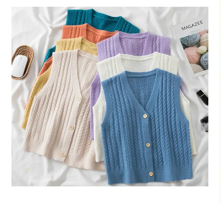Women's V-Neck Twist Knitted Vest Beige — feature 9