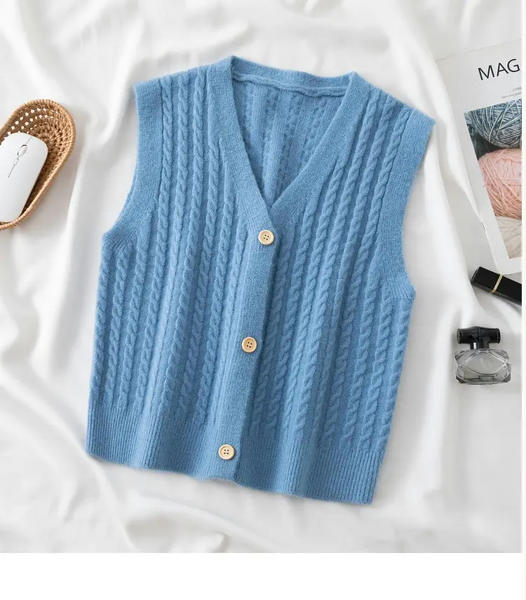 Women's V-Neck Twist Knitted Vest Beige - Image 3