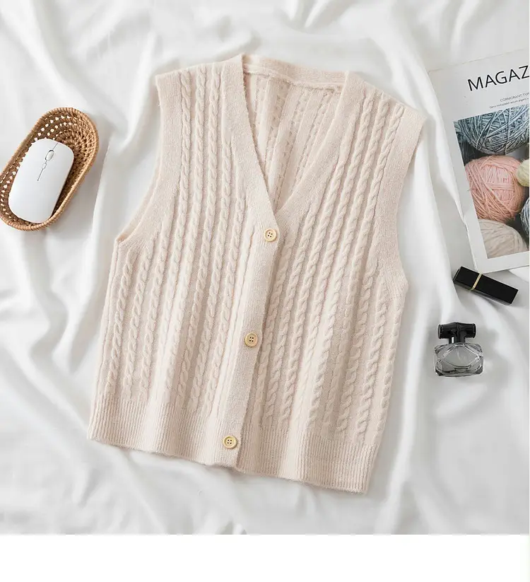 Women's V-Neck Twist Knitted Vest Beige - Image 4