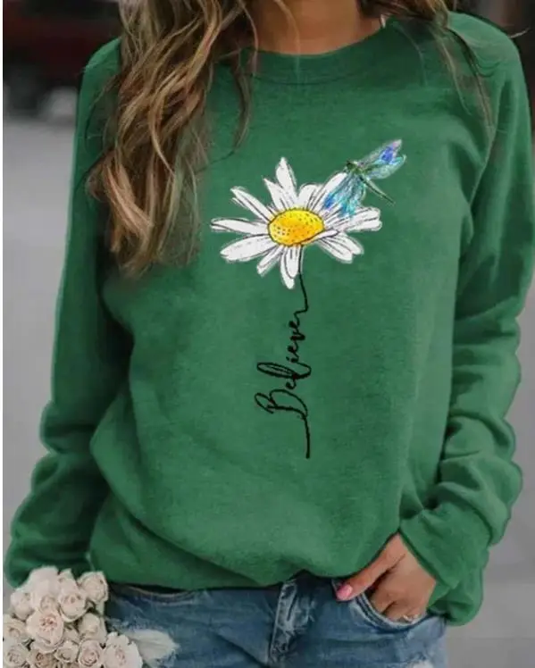 Green Daisy Printed Sweatshirt for Women Long Sleeve - Image 3